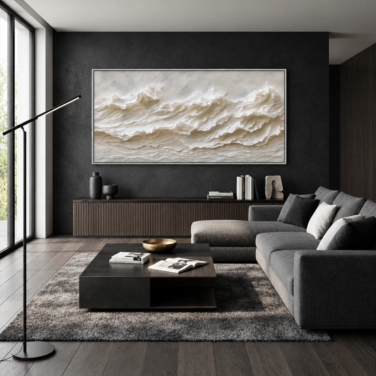 Ivory Tidemarks artwork displayed above a gray sectional.