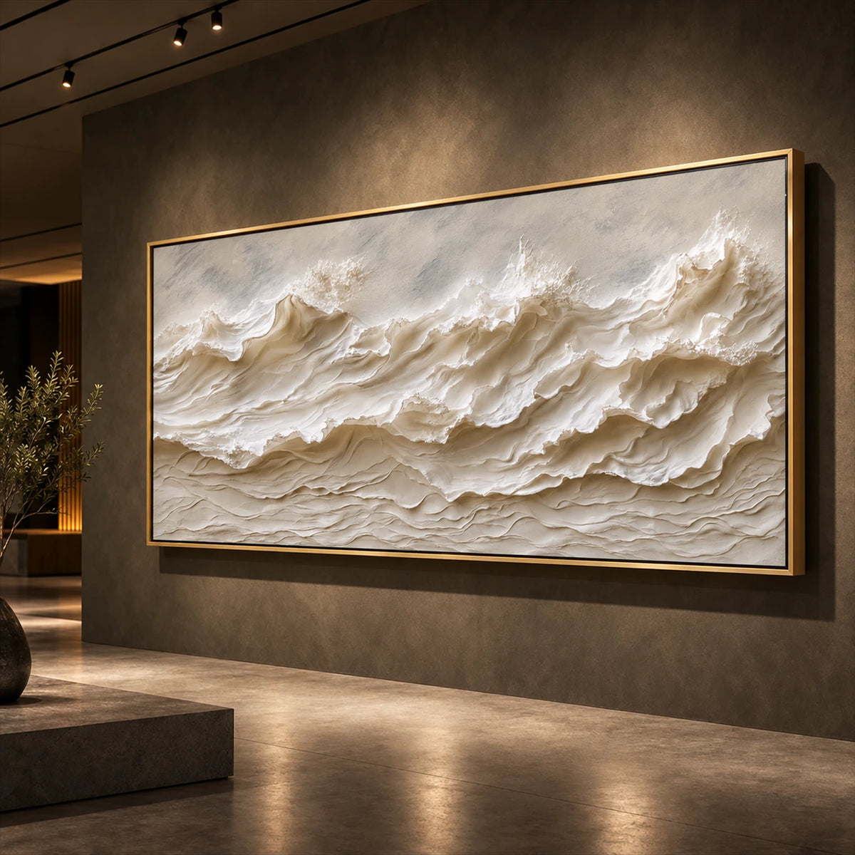 Ivory Tidemarks artwork displayed above a stone bench in a gallery.