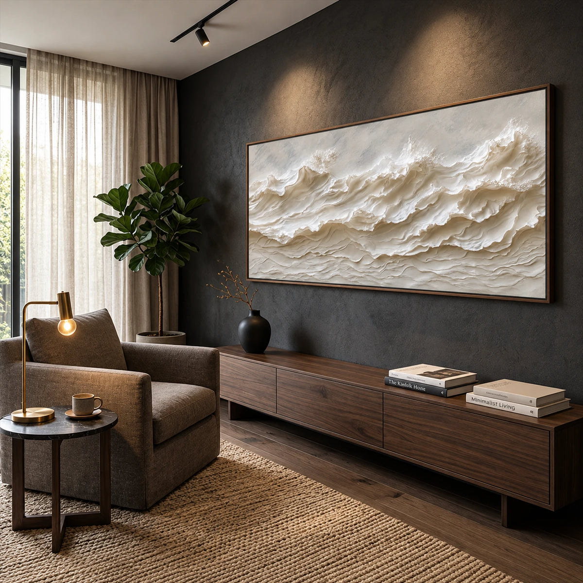 Ivory Tidemarks artwork displayed above a wooden cabinet beside an armchair.