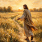 Golden Invitation full artwork. Jesus walks along a sunlit field path with an open hand extended toward the viewer.