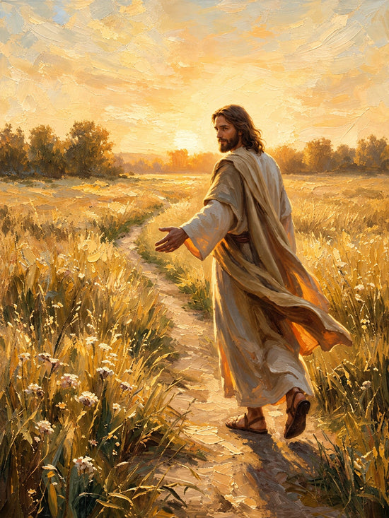 Golden Invitation full artwork. Jesus walks along a sunlit field path with an open hand extended toward the viewer.