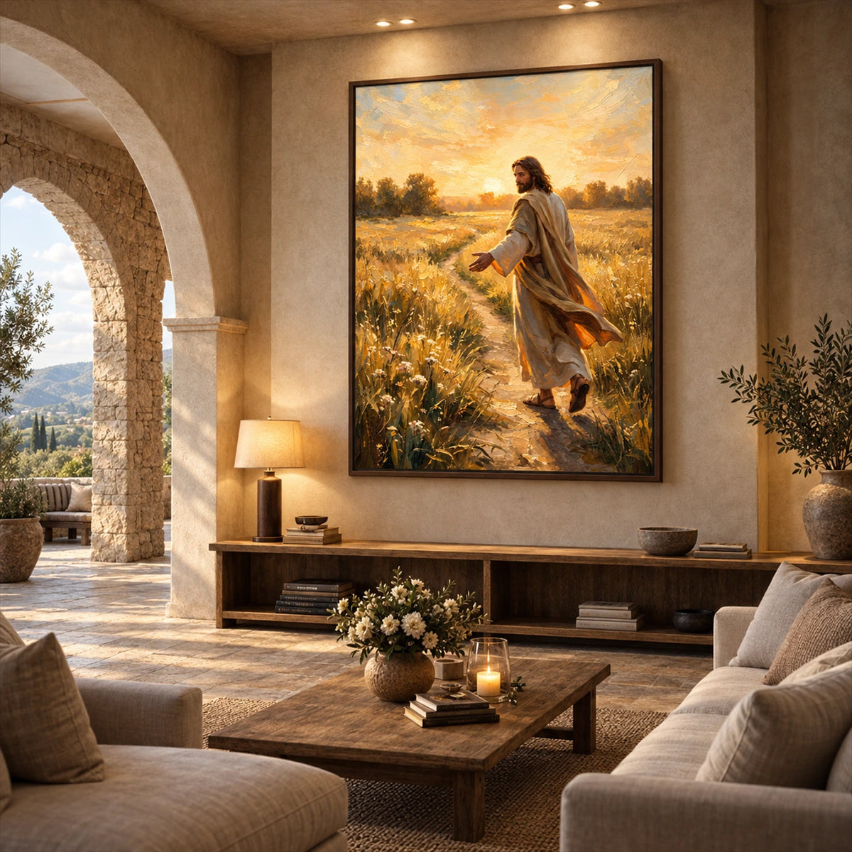 Golden Invitation artwork displayed above a console near a stone archway.