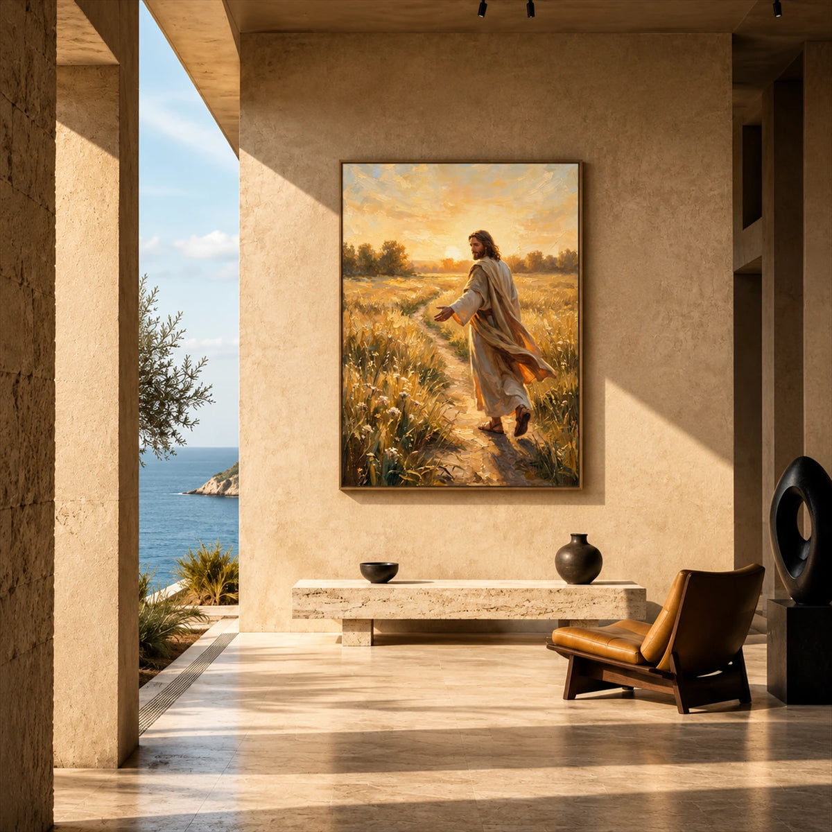 Golden Invitation artwork displayed above a bench overlooking the sea.
