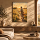 Golden Invitation artwork displayed above a long console behind cream seating.