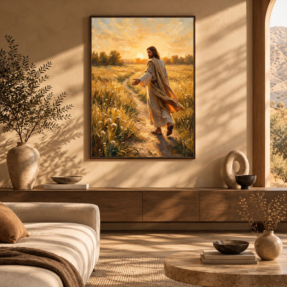Golden Invitation artwork displayed above a long console behind cream seating.