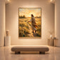 Golden Invitation artwork displayed above an upholstered bench in a pale foyer.