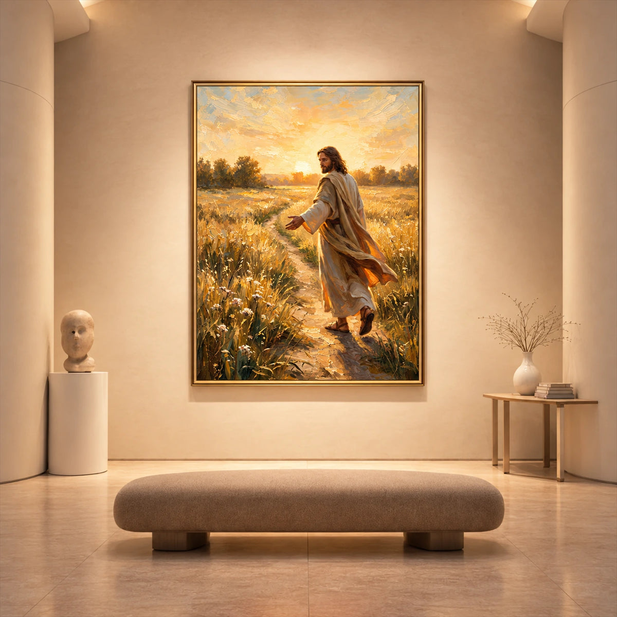 Golden Invitation artwork displayed above an upholstered bench in a pale foyer.