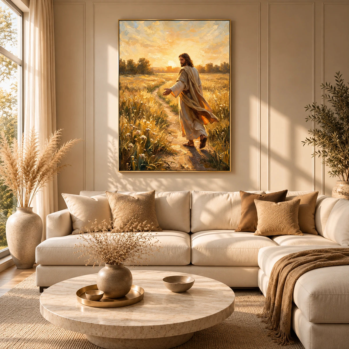 Golden Invitation artwork displayed above a cream sofa beside a tall window.