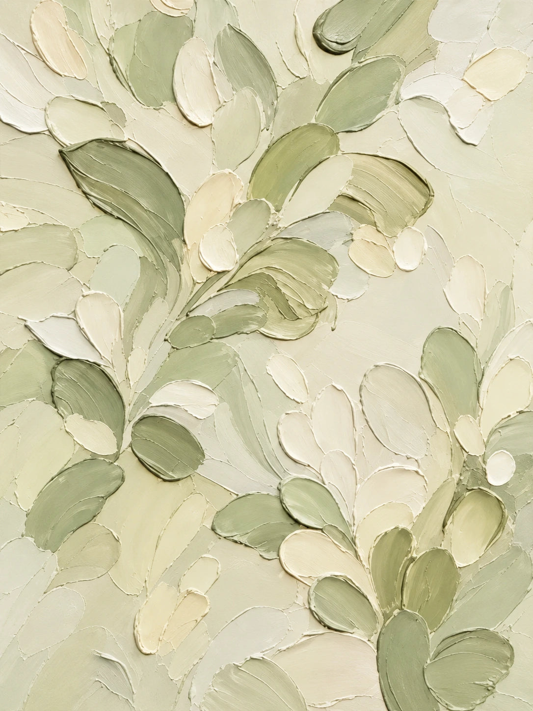 Tender Foliage full artwork. Pale sage and ivory leaves rise along slender stems over a creamy textured ground.