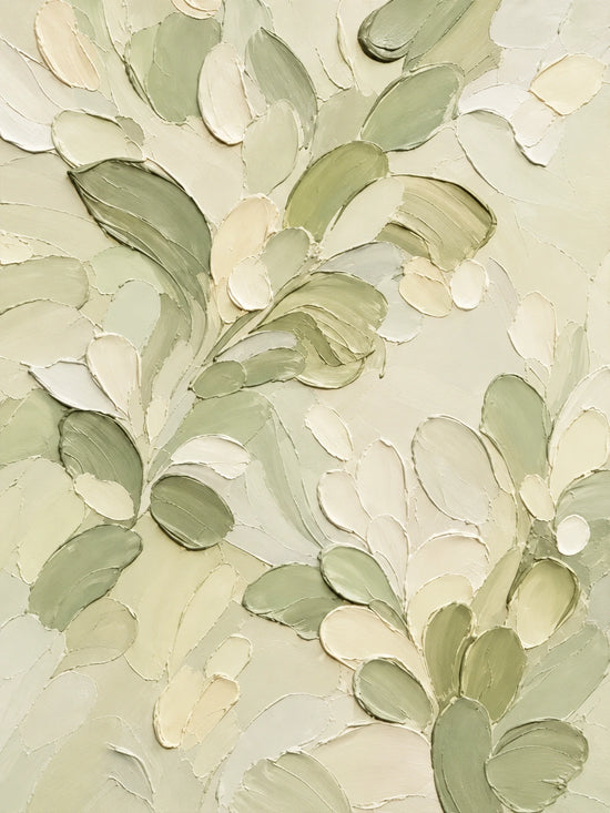 Tender Foliage full artwork. Pale sage and ivory leaves rise along slender stems over a creamy textured ground.