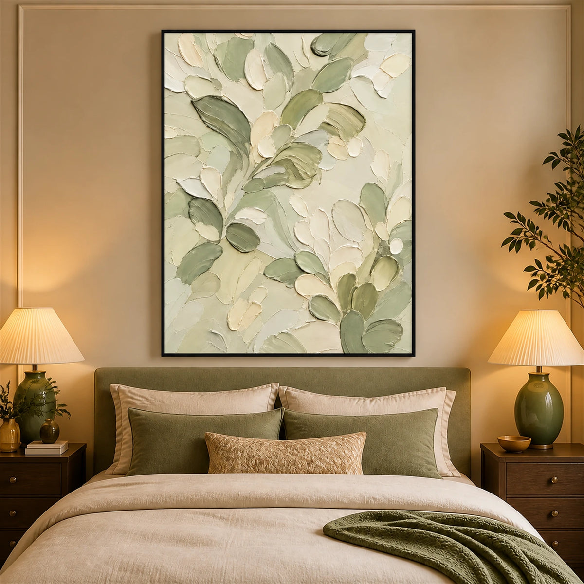 Tender Foliage artwork displayed above a bed with green bedding.