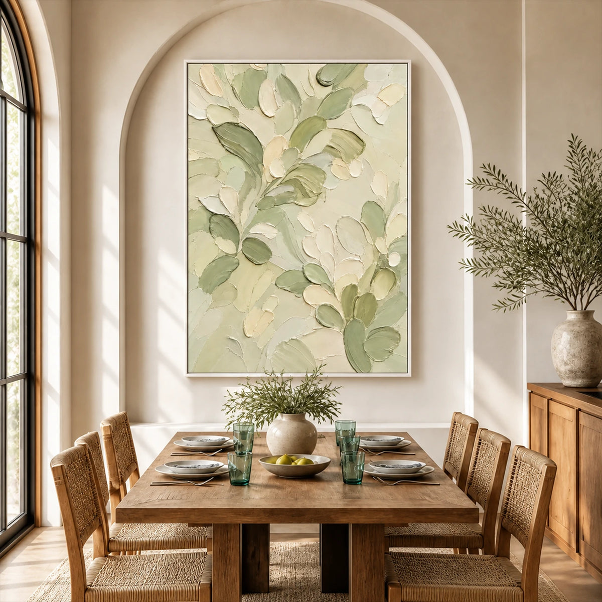 Tender Foliage artwork displayed above a wooden dining table in an arched alcove.