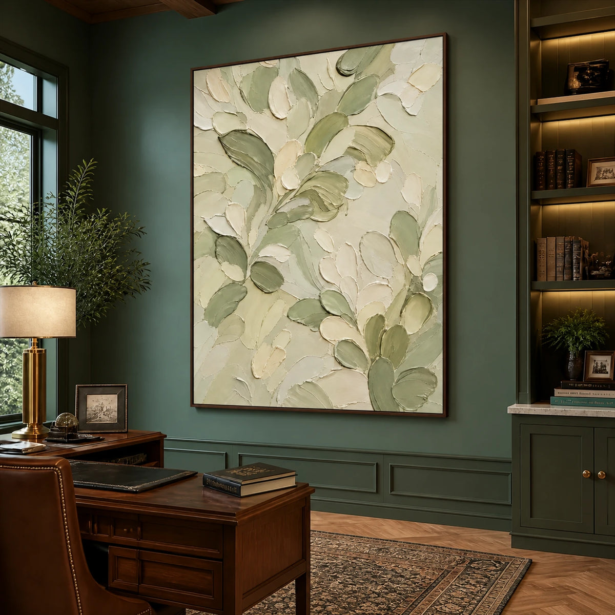 Tender Foliage artwork displayed above a wooden desk against green paneling.