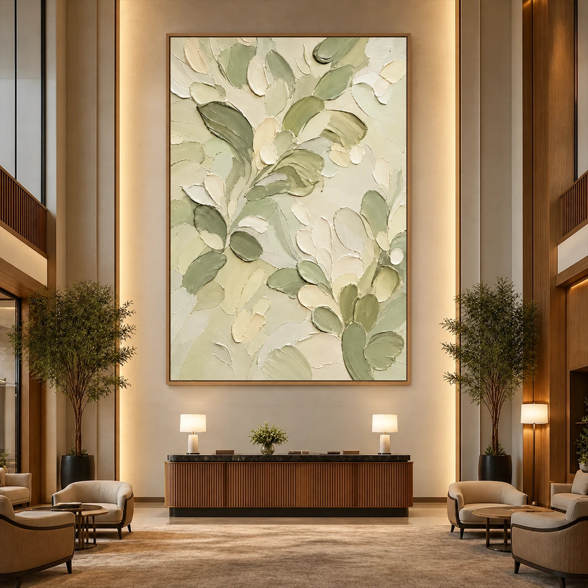 Tender Foliage artwork displayed above a console in a double-height foyer.