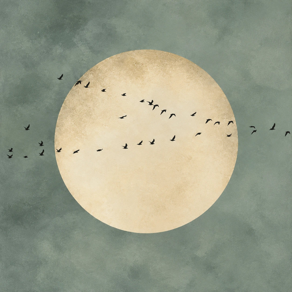 Sage Moonrise full artwork. A small flock crosses a large pale moon suspended in a muted sage sky.