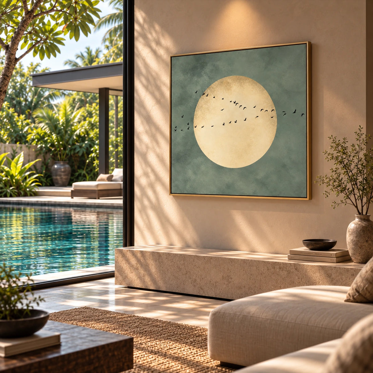 Sage Moonrise artwork displayed above seating beside a poolside window.