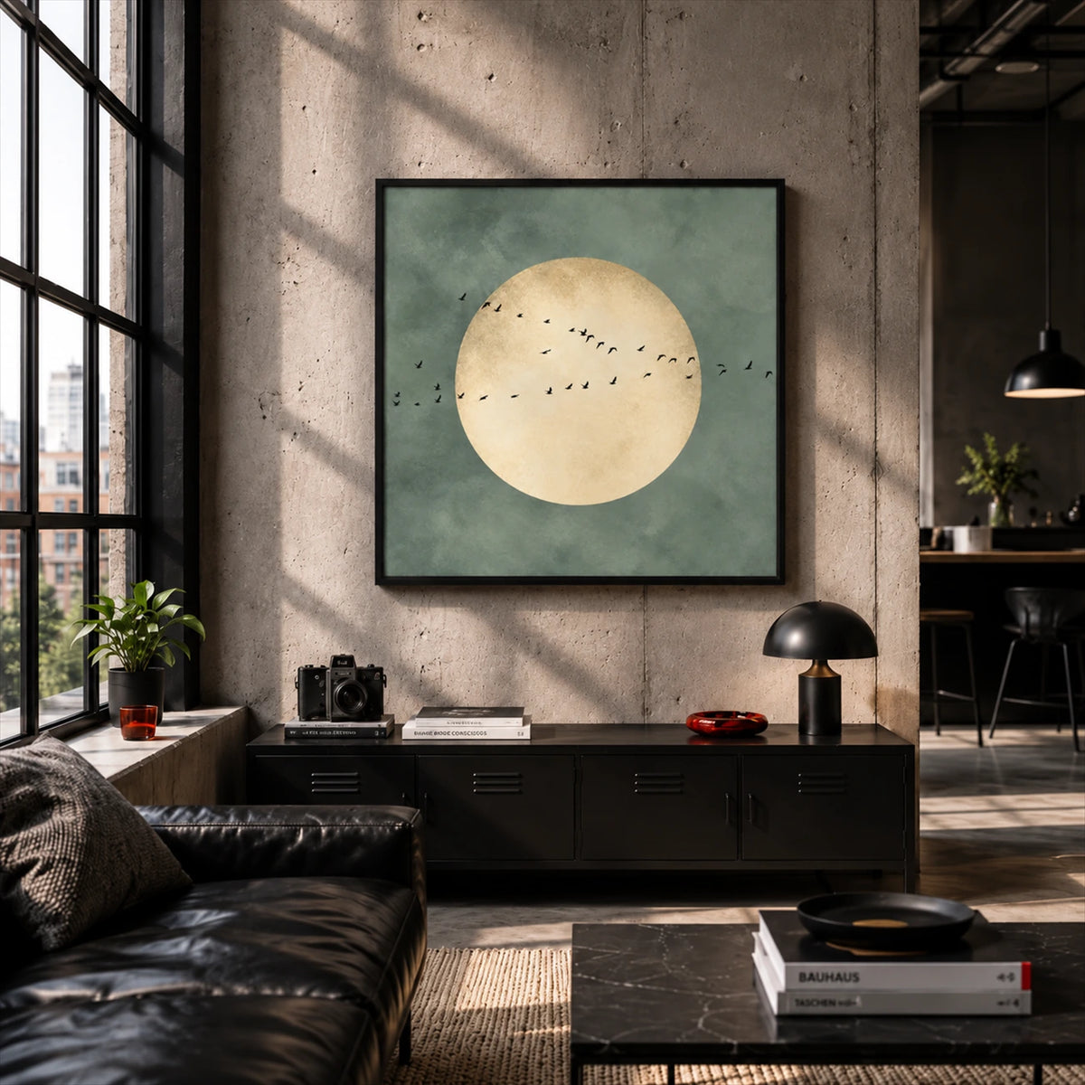 Sage Moonrise artwork displayed above a dark sideboard near a black sofa.