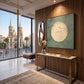 Sage Moonrise artwork displayed above a console beside a city-view window.