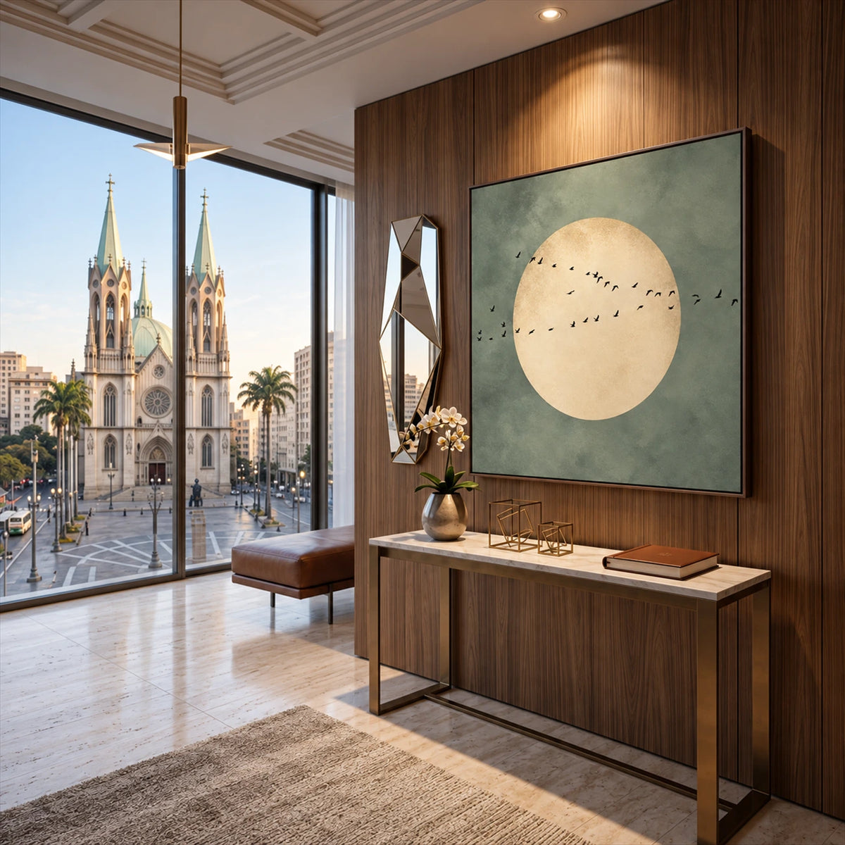 Sage Moonrise artwork displayed above a console beside a city-view window.