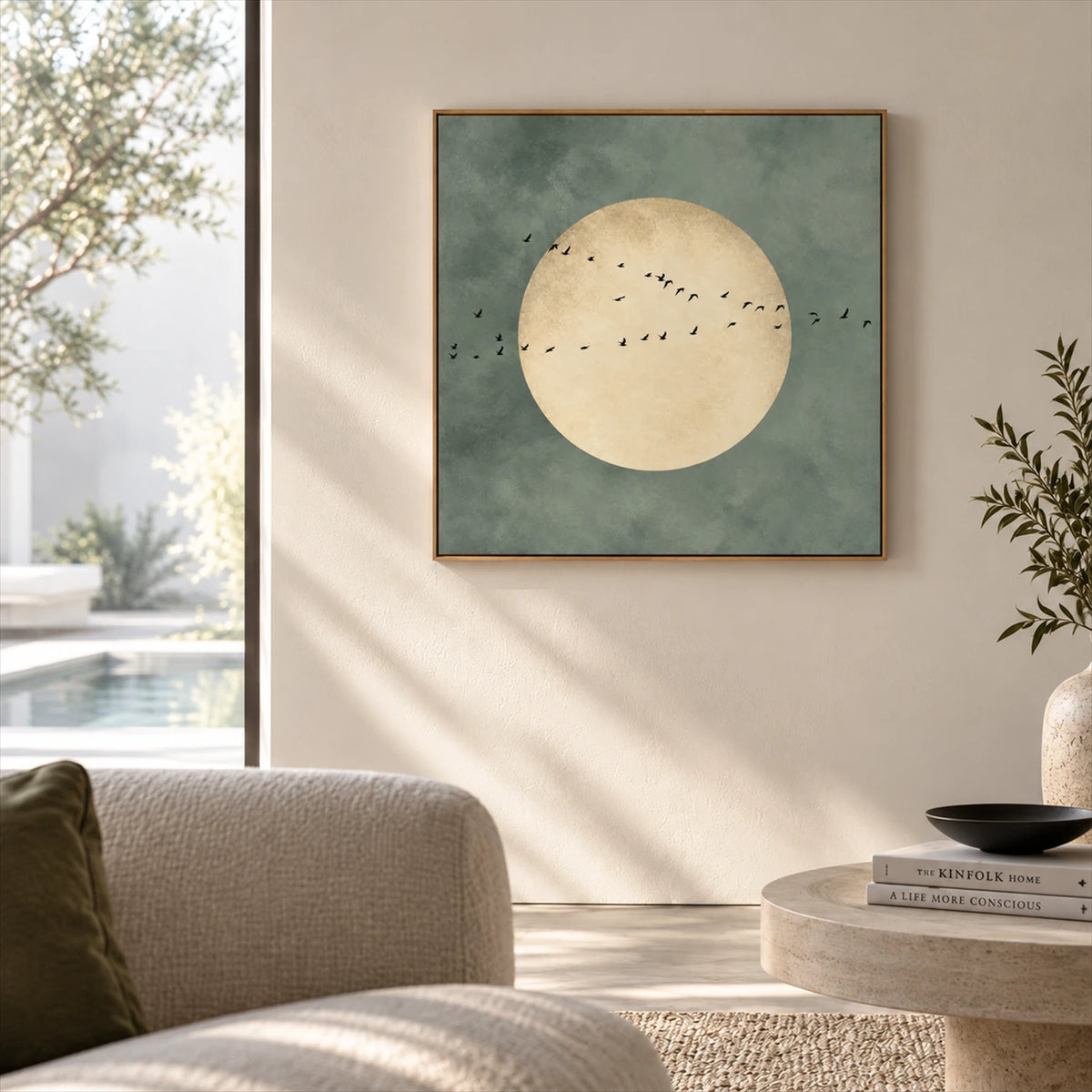 Sage Moonrise artwork displayed above cream seating in a sunlit room.