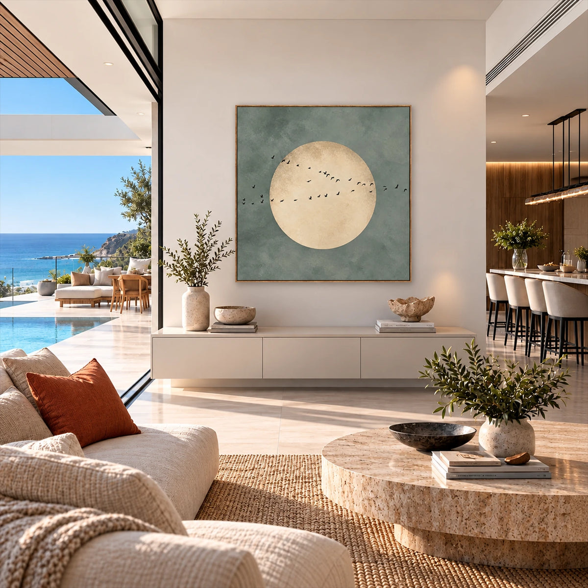 Sage Moonrise artwork displayed above a low white cabinet near a terrace.
