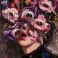Floral Gaze full artwork. Oversized eyes emerge from pink and purple blossoms that surround a partially hidden face.