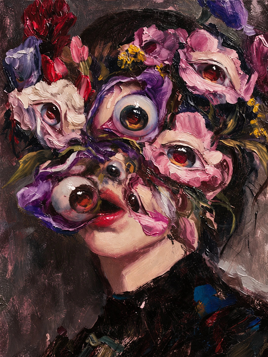 Floral Gaze full artwork. Oversized eyes emerge from pink and purple blossoms that surround a partially hidden face.
