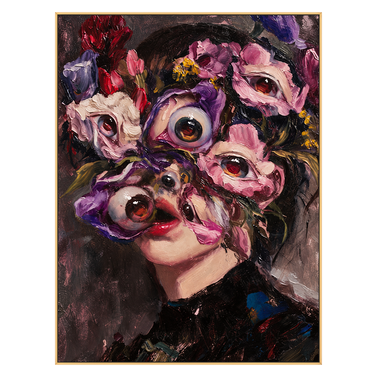 Floral Gaze artwork in a gold frame on a transparent background.