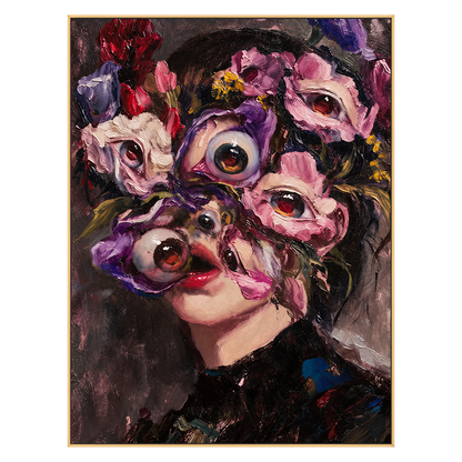 Floral Gaze artwork in a gold frame on a transparent background.