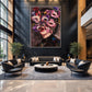 Floral Gaze artwork displayed above lounge seating in a double-height room.