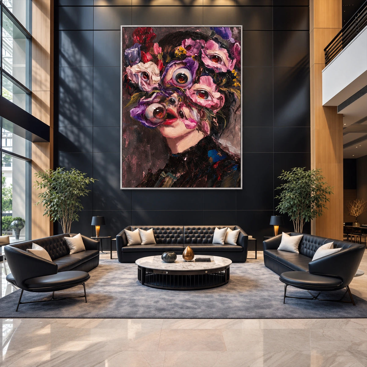 Floral Gaze artwork displayed above lounge seating in a double-height room.
