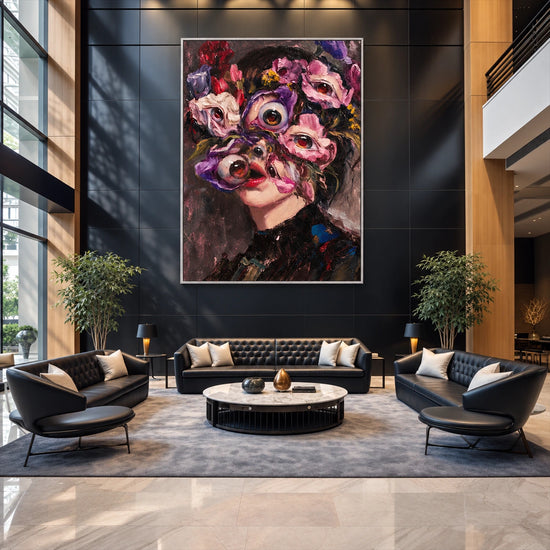 Floral Gaze artwork displayed above lounge seating in a double-height room.