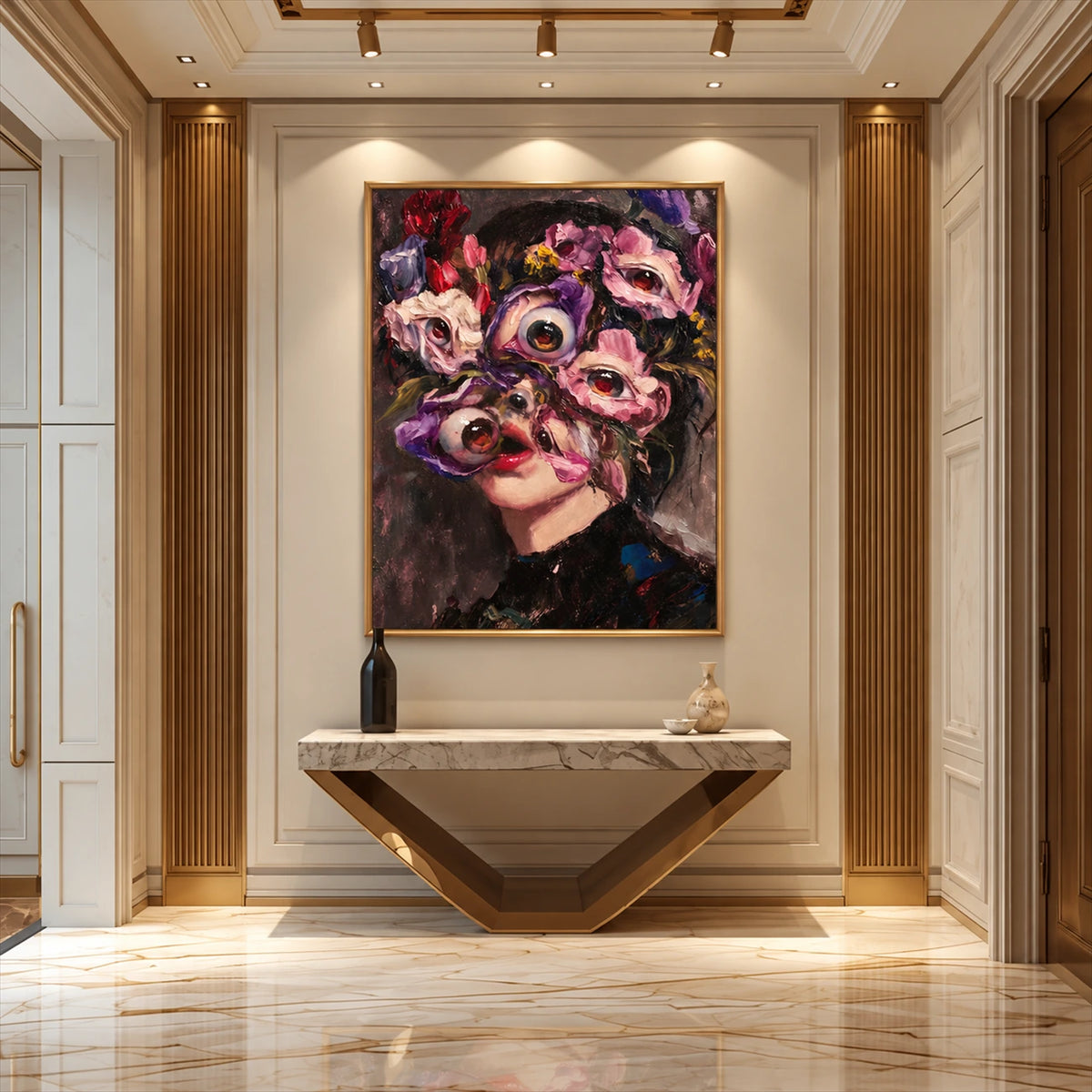 Floral Gaze artwork displayed above a sculptural console.