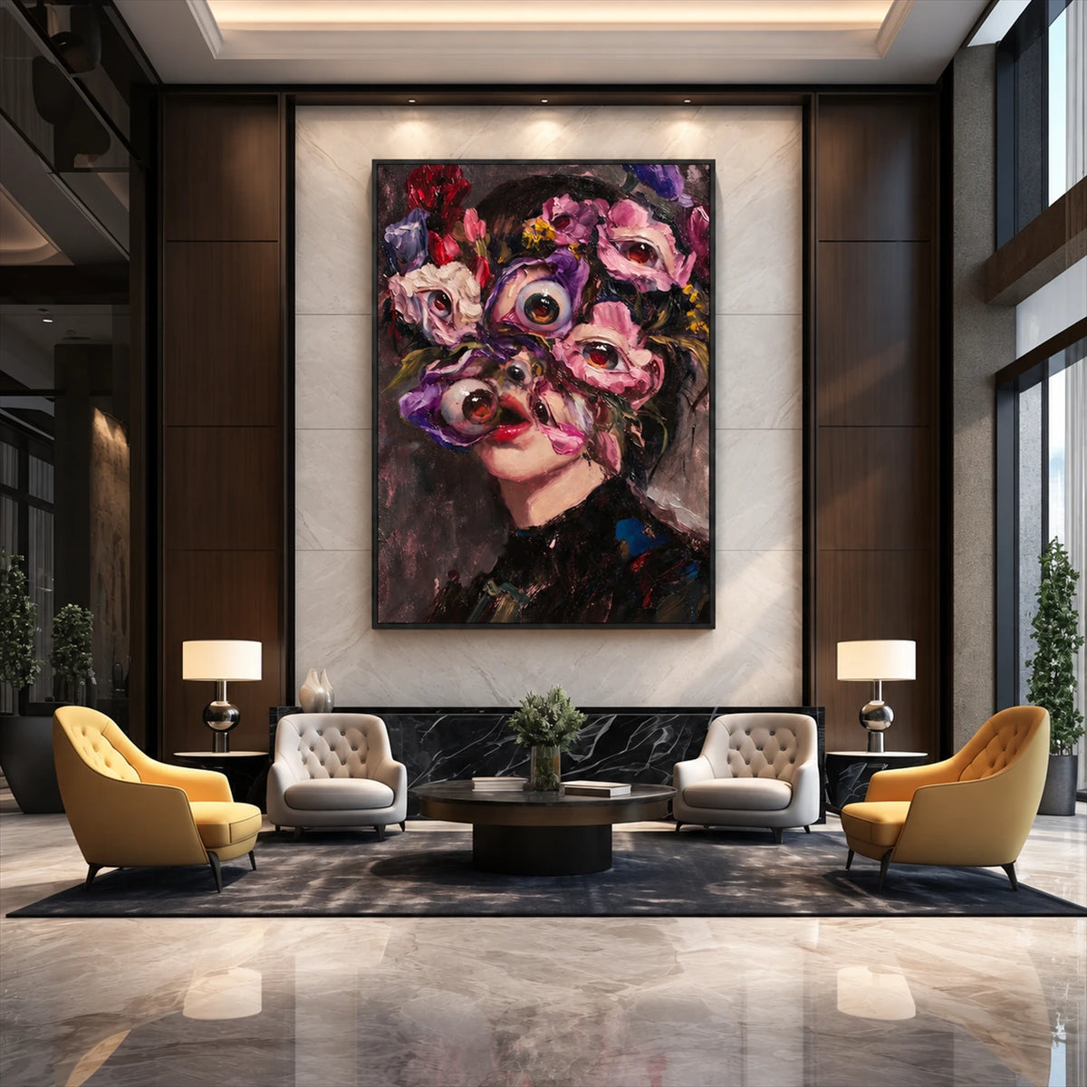 Floral Gaze artwork displayed above chairs and a dark coffee table.