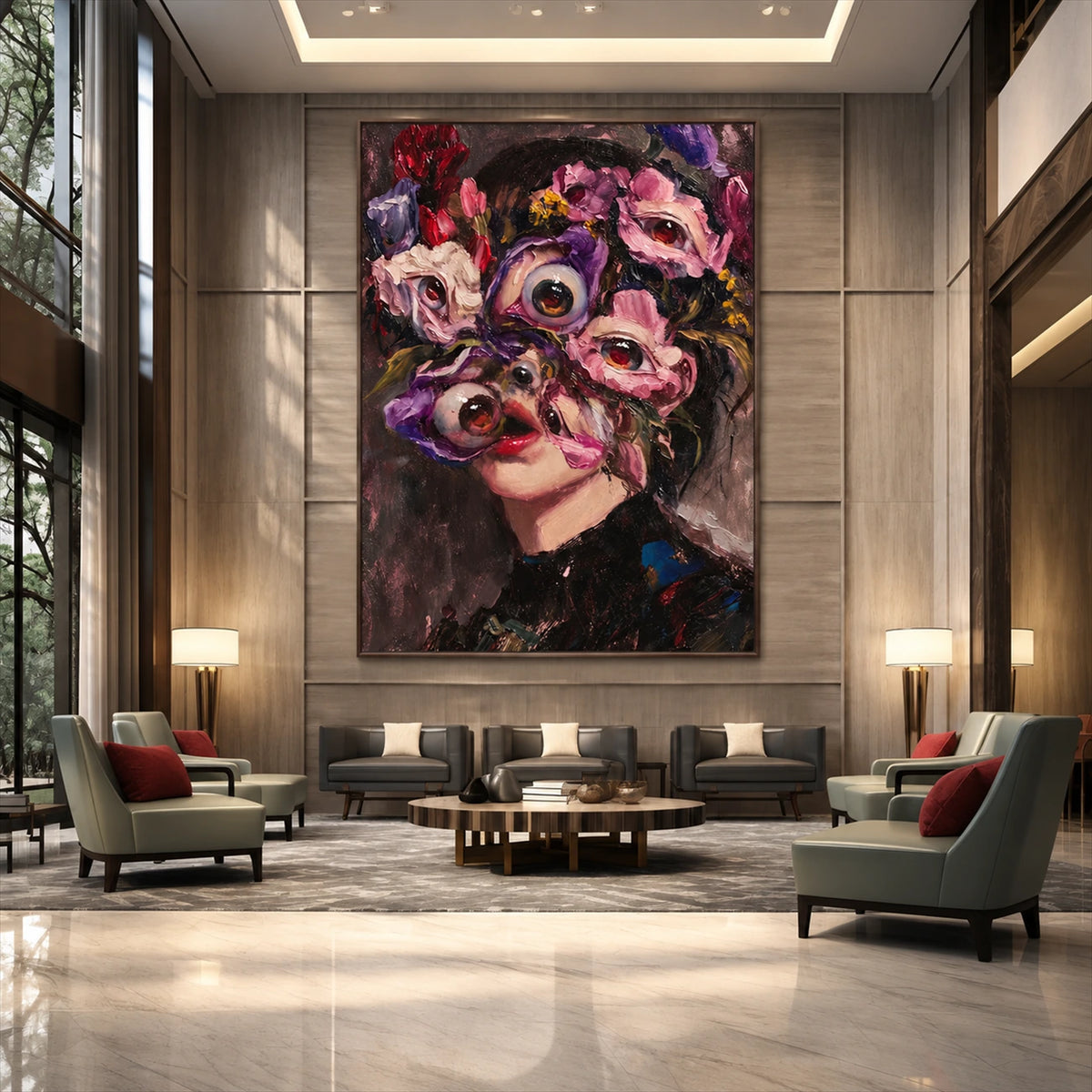 Floral Gaze artwork displayed above seating in a tall formal lounge.