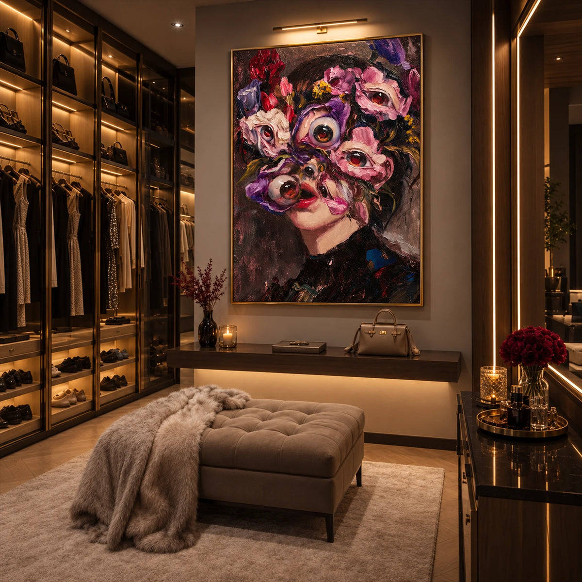 Floral Gaze artwork displayed above a vanity beside illuminated wardrobes.