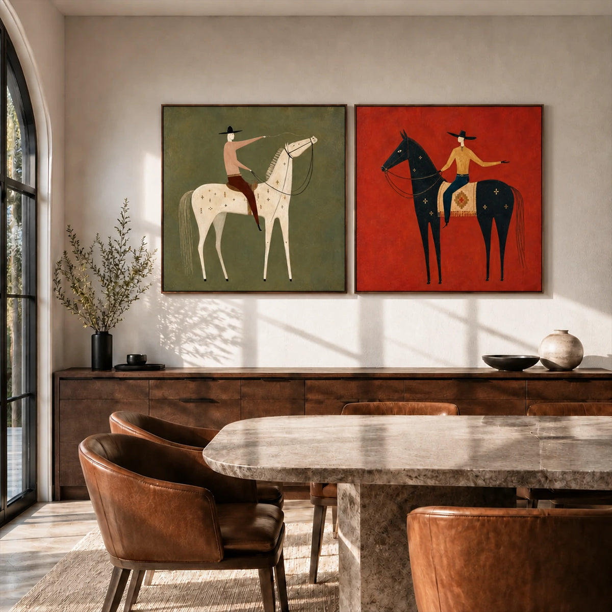 Western Counterpart two-panel artwork set displayed above a dining table with brown chairs.