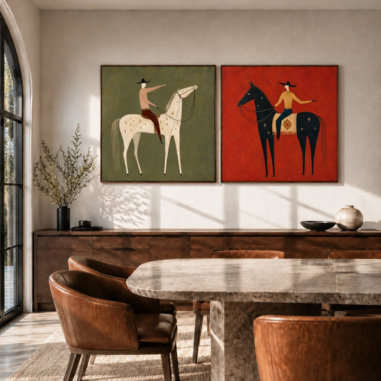 Western Counterpart two-panel artwork set displayed above a dining table with brown chairs.