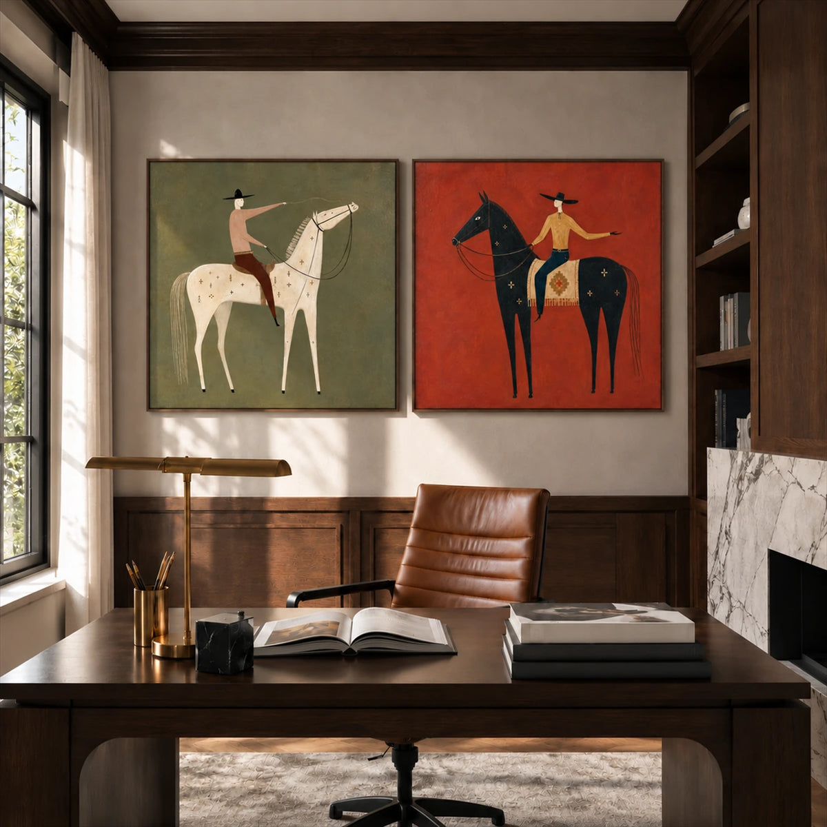 Western Counterpart two-panel artwork set displayed above a desk and brown office chair.