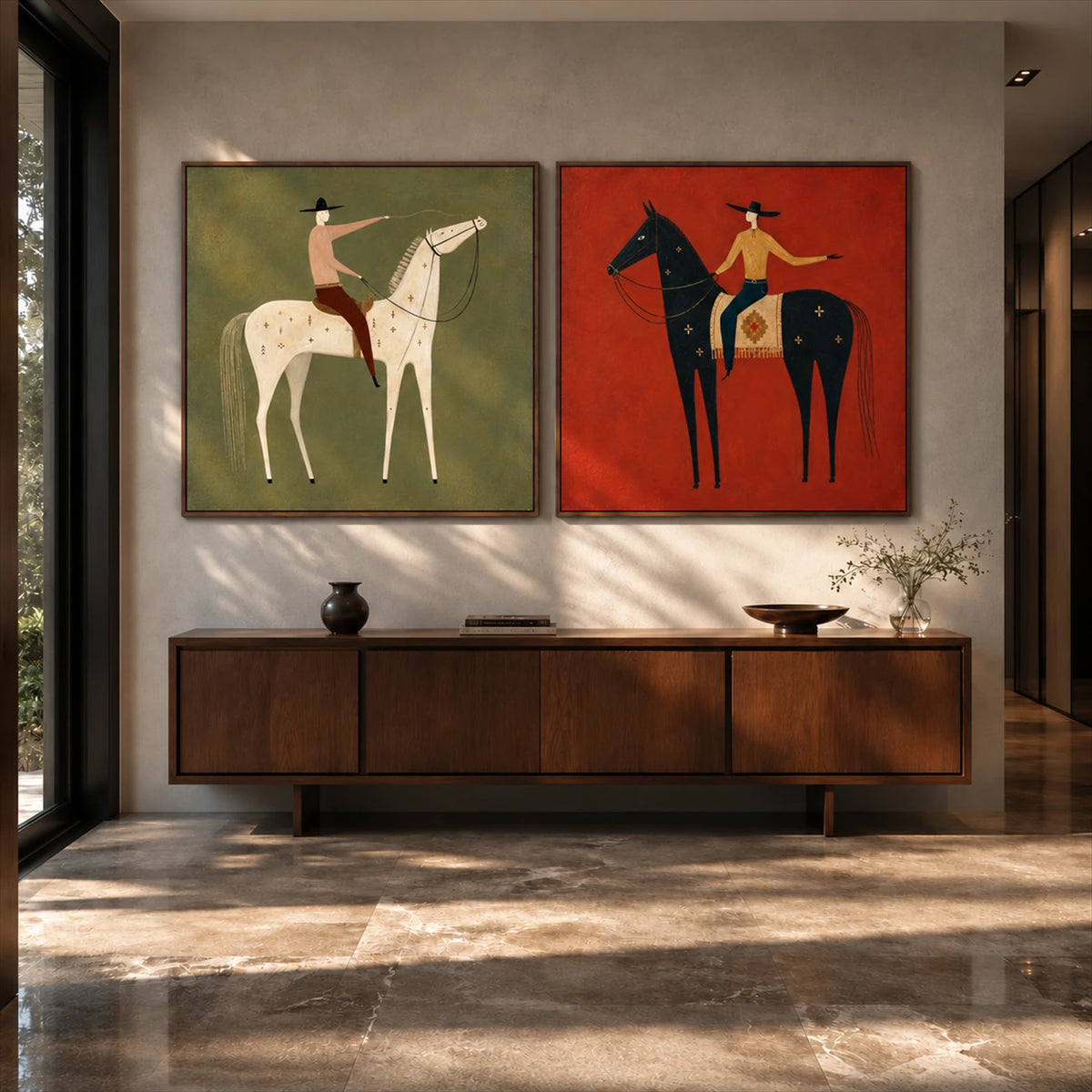 Western Counterpart two-panel artwork set displayed above a long wooden sideboard.