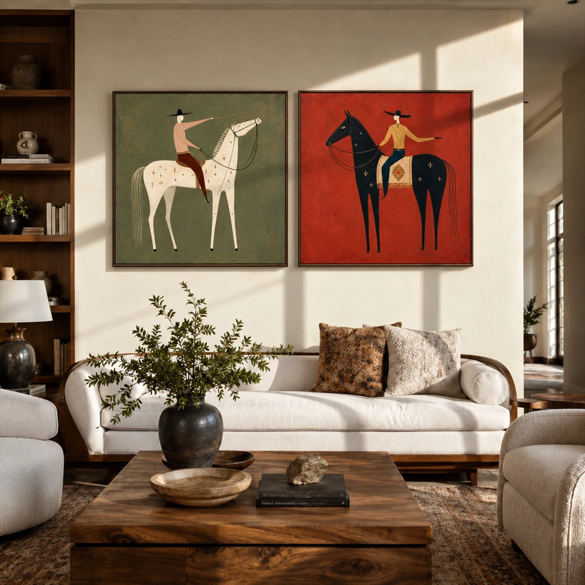 Western Counterpart two-panel artwork set displayed above a cream sofa and wooden coffee table.