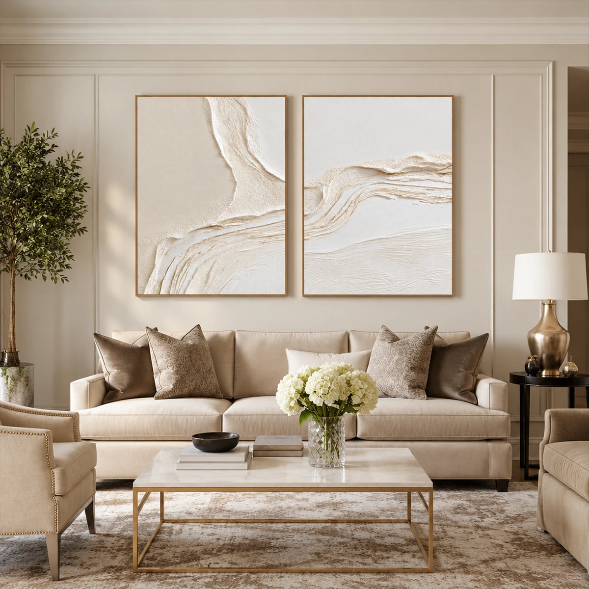 Ivory Confluence two-panel artwork set displayed above a cream sofa and pale coffee table.