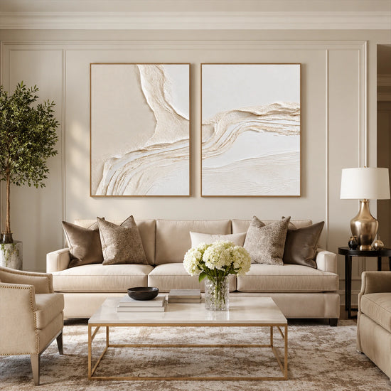 Ivory Confluence two-panel artwork set displayed above a cream sofa and pale coffee table.