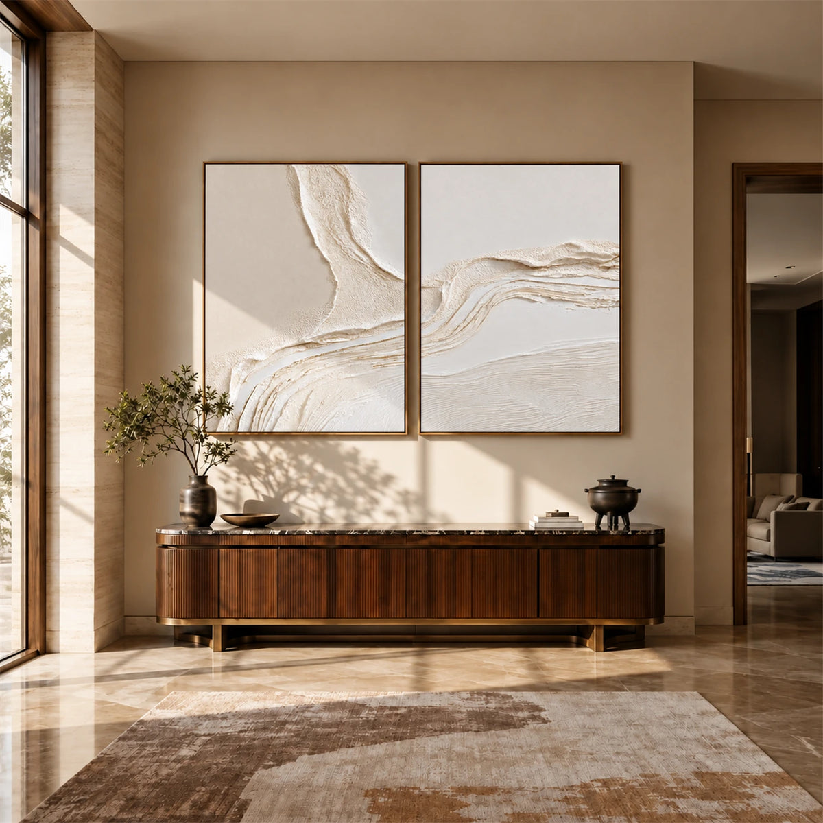 Ivory Confluence two-panel artwork set displayed above a long wooden sideboard.