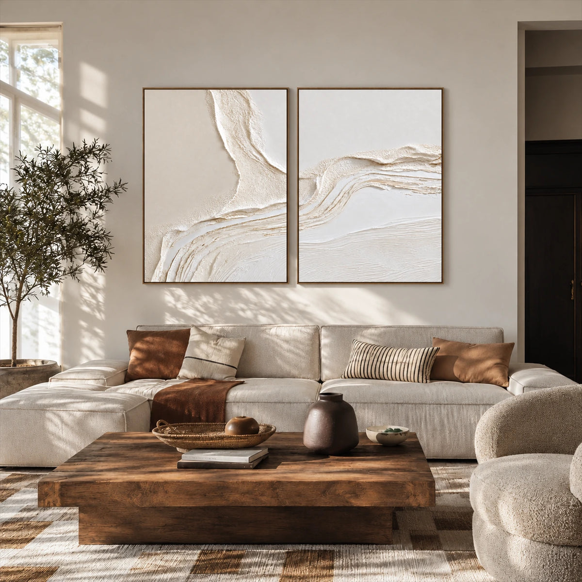 Ivory Confluence two-panel artwork set displayed above a cream sofa and rustic coffee table.