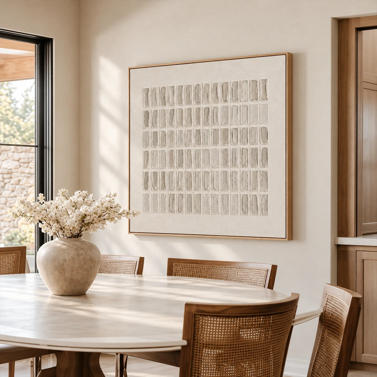 Ivory Register artwork displayed beside a wooden dining table.