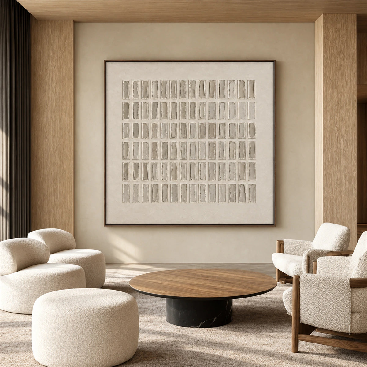 Ivory Register artwork displayed above curved cream seating.