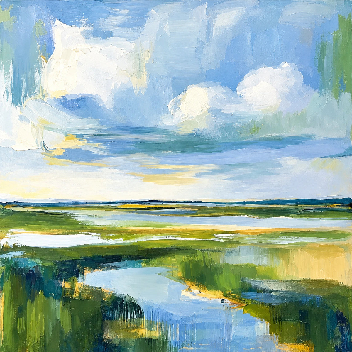 Marshlight Bend full artwork. A winding blue stream moves through bright green marshland beneath broad white clouds.