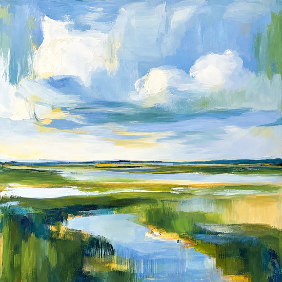 Marshlight Bend full artwork. A winding blue stream moves through bright green marshland beneath broad white clouds.