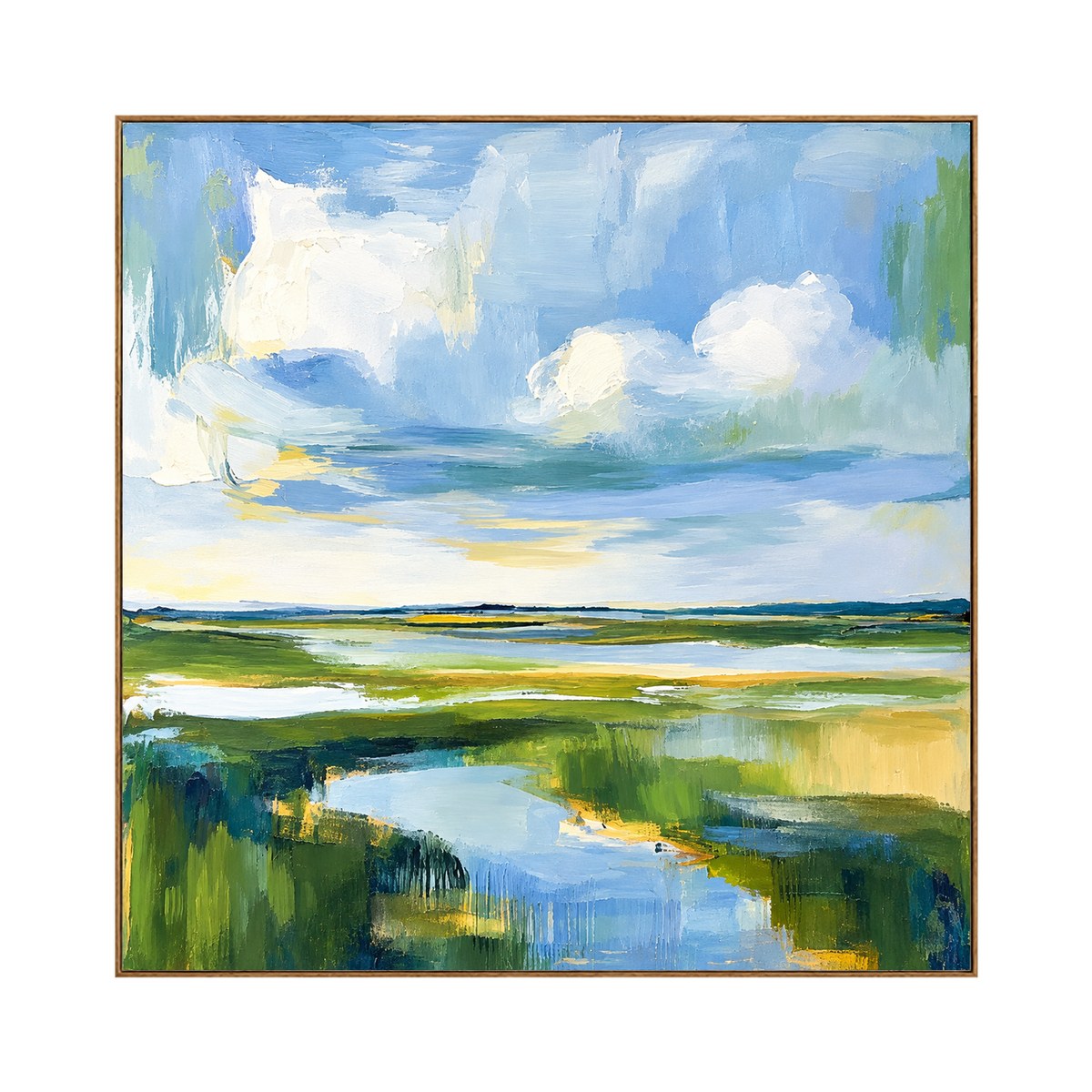 Marshlight Bend artwork in a natural wood frame on a transparent background.